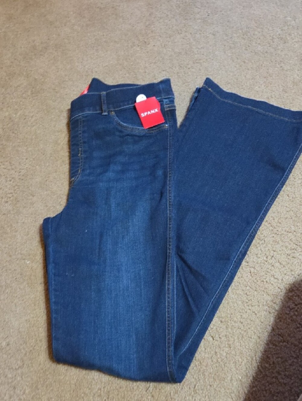 SPANX Jeans Midnight Shade Dark Blue Flare Pull On- Women LONG LARGE L Tall - Picture 3 of 8